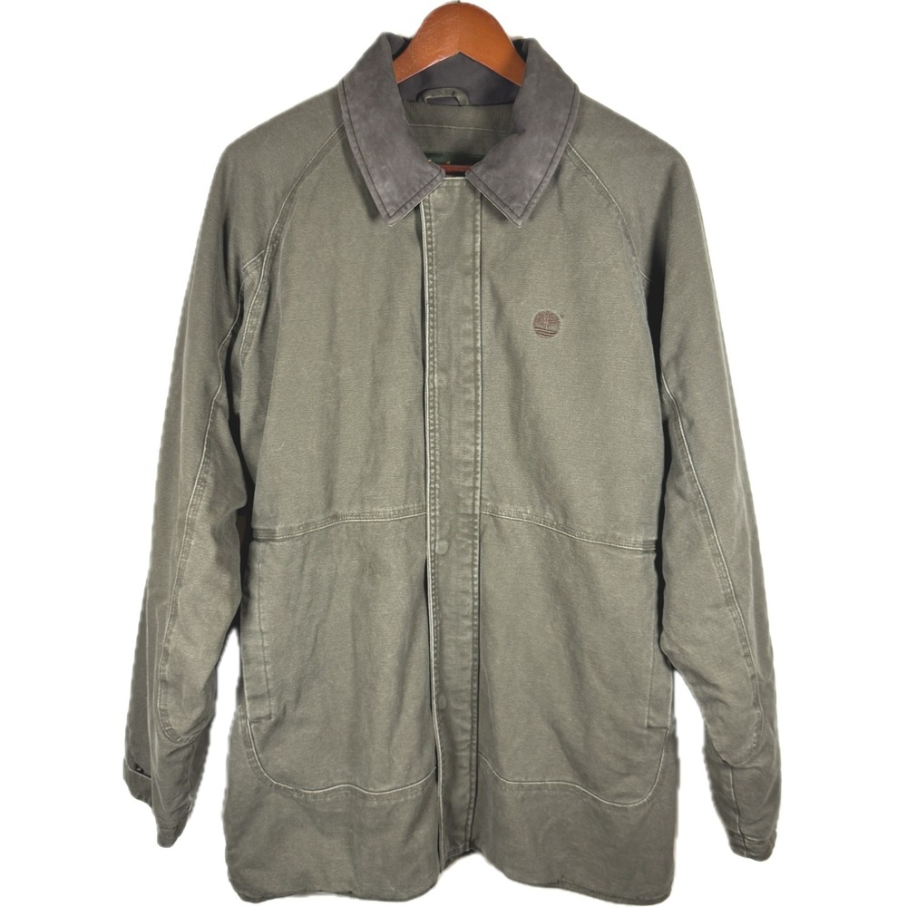 Vtg Timberland Coat Weathergear Mens Medium Olive Green Leather Trim Canvas 2002